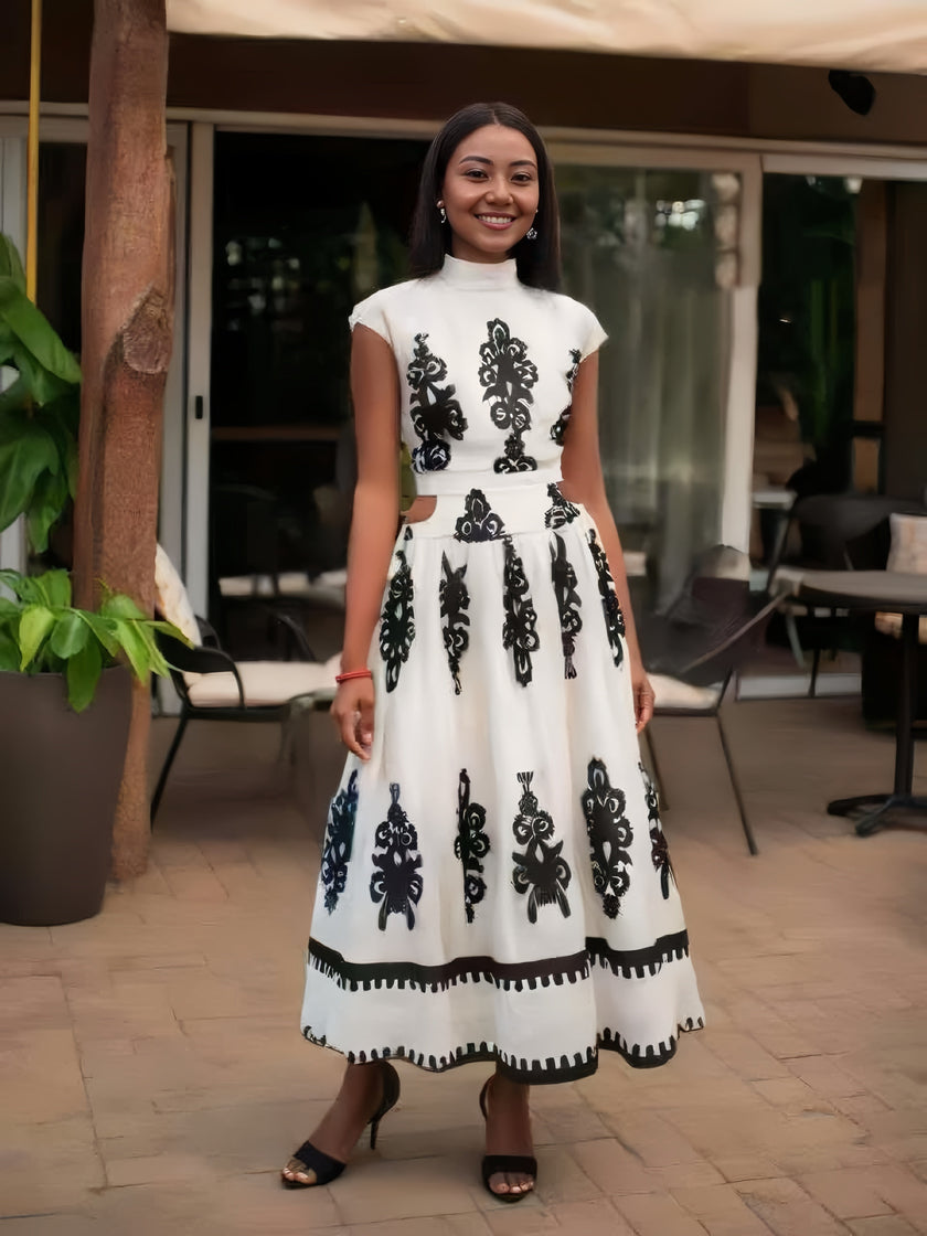 High-neck cutout midi dress, white with black floral lace detailing