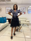 Geometric puff sleeve skirt dress with dark tulle skirt and navy patterned bodice