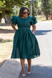 Belted vintage puff sleeve midi dress in dark teal, ruffle sleeves and belted waist