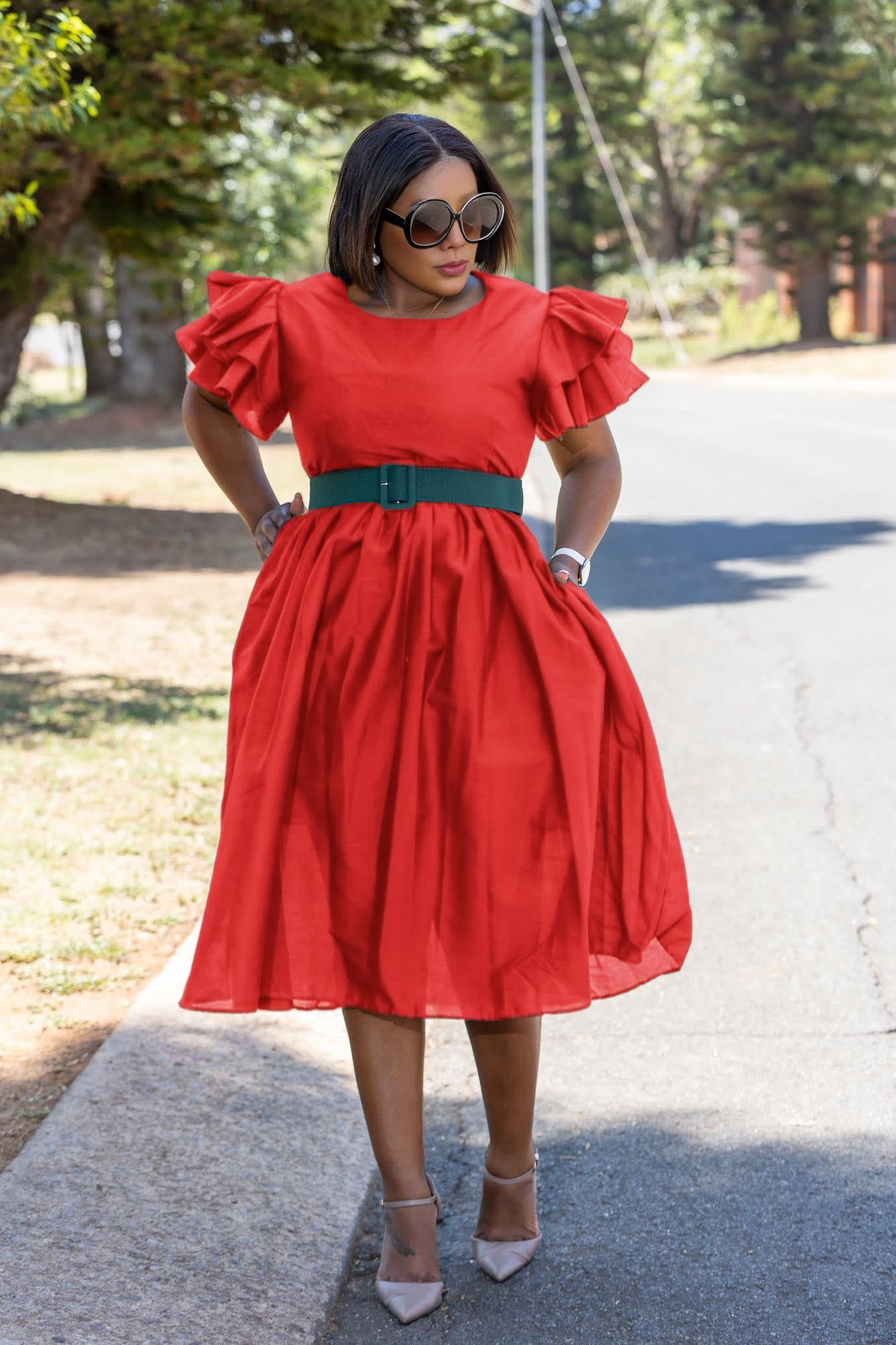 Belted vintage puff sleeve midi dress in red, layered puff sleeves and waist belt
