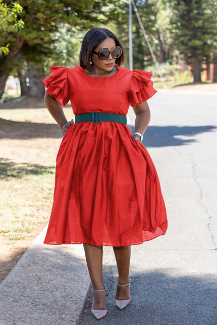 Red puff sleeve midi dress with ruffled shoulders and tied waist belt, flared skirt.