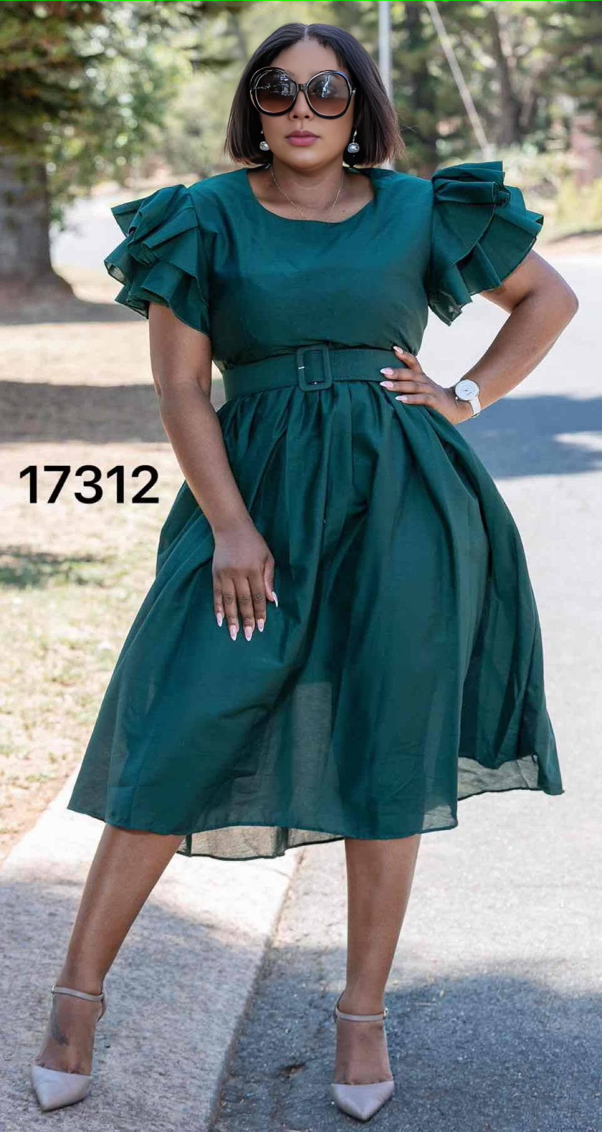 Belted vintage puff sleeve midi dress in dark teal, gathered skirt with waist belt