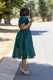 Belted vintage puff sleeve midi dress in dark teal, belted waist and back ruffle sleeves