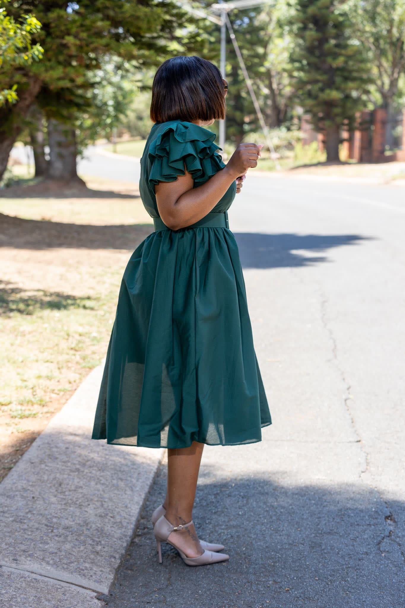Belted vintage puff sleeve midi dress in dark teal, belted waist and back ruffle sleeves