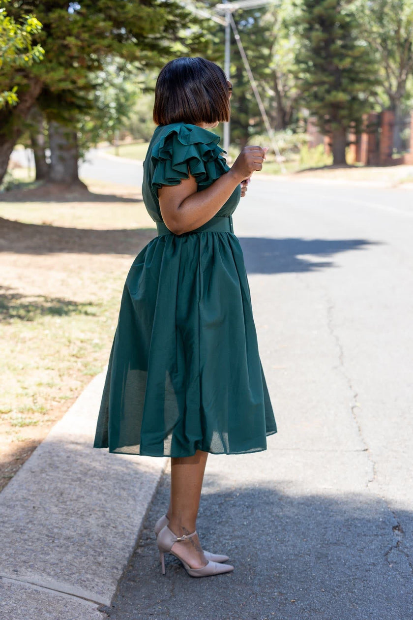 Belted vintage puff sleeve midi dress in dark teal, belted waist and back ruffle sleeves