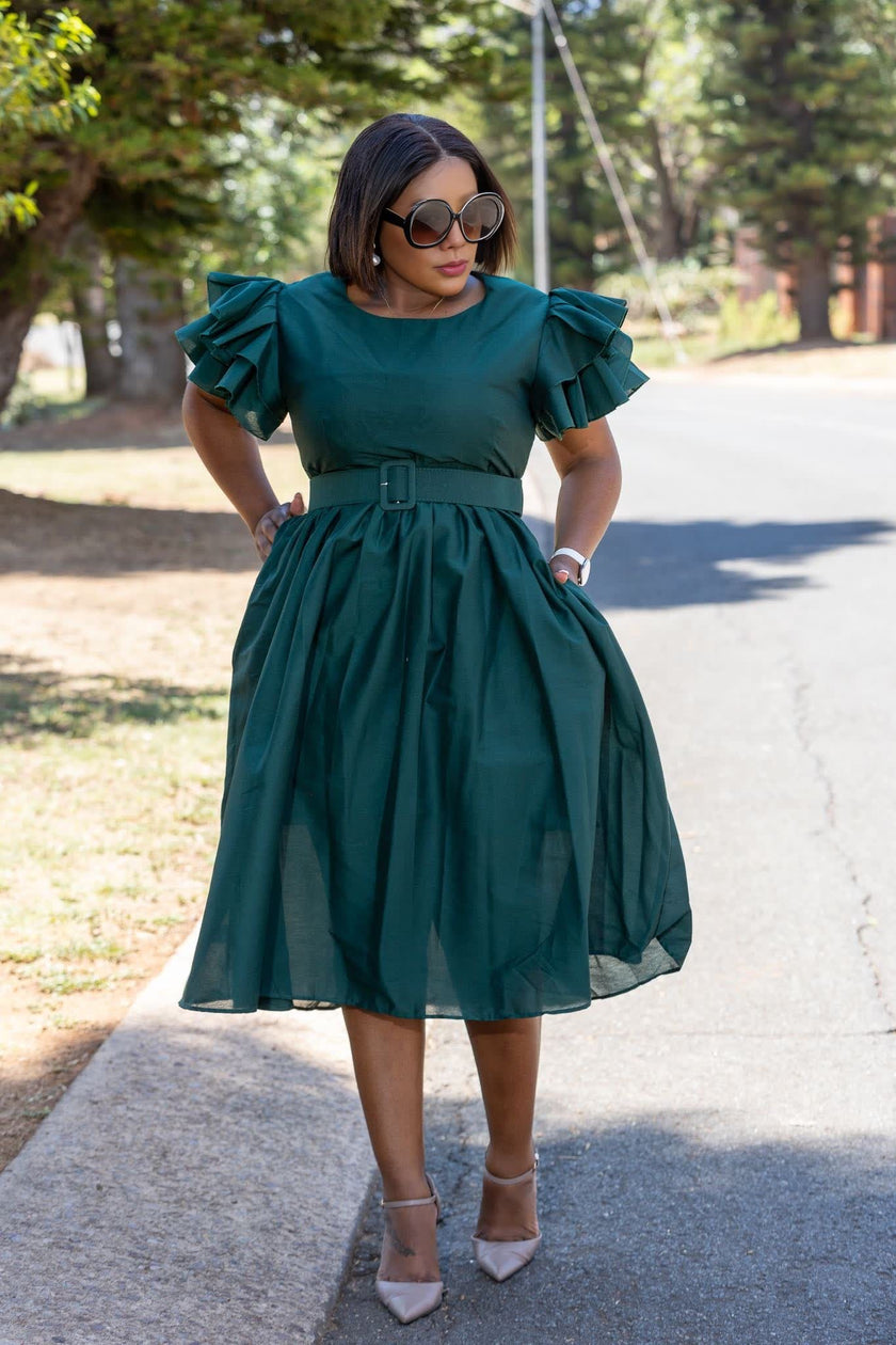 Belted vintage puff sleeve midi dress in dark teal, tiered ruffle sleeves and waist belt