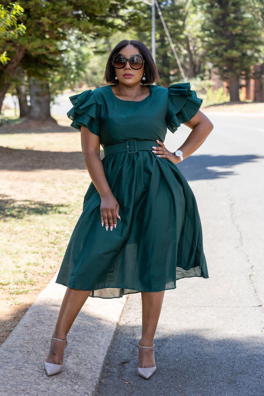 Belted vintage puff sleeve midi dress in dark teal, cinched waist with matching belt