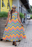 Ethnic maxi dress with sleeveless geometric zigzag print, multicolor V-neck