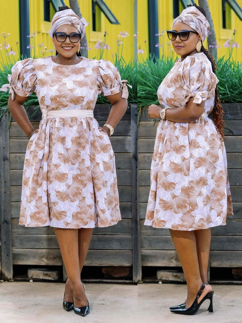 Women's Short Sleeve Puff Sleeve Dress with Bow Decorations and Floral Pattern