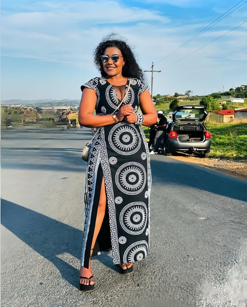 Geometric Pattern Slit Design Ethnic Dress