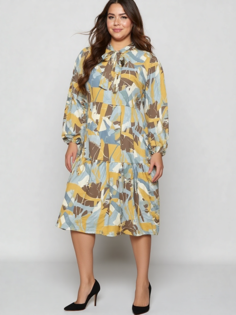 Abstract tiered dress with bow neck, puff sleeves, and yellow-blue abstract print