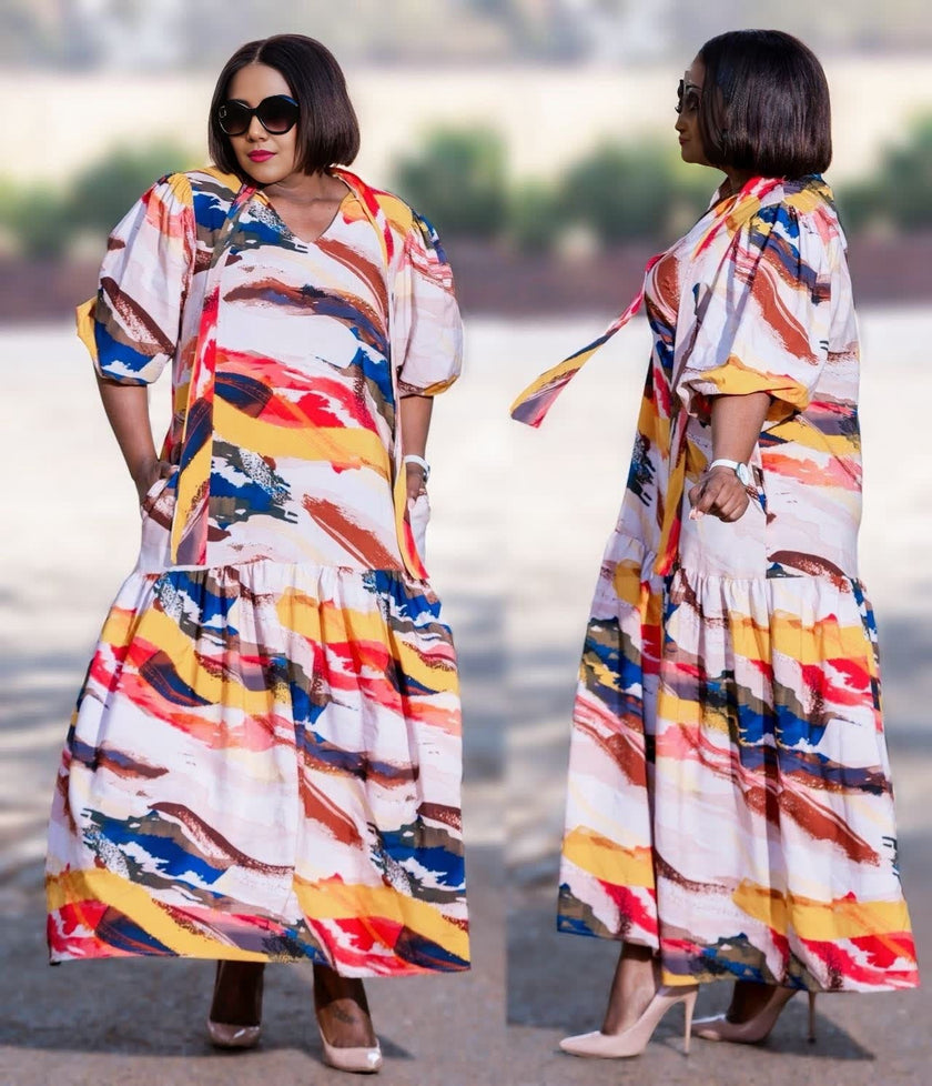 Loose-fit midi dress with brushstroke print, short sleeves, tiered ruffle hem