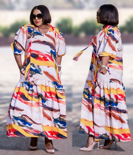 Loose-fitting midi dress with abstract brushstroke print