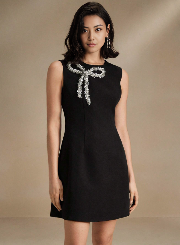 Black sleeveless mini dress with jeweled bow detail at neckline