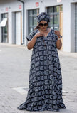Plus size maxi dress, navy with white geometric allover print, short sleeves