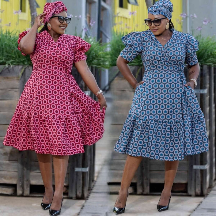 Polka dot ruffle midi dress with puff sleeves, A-line skirt (red and blue)