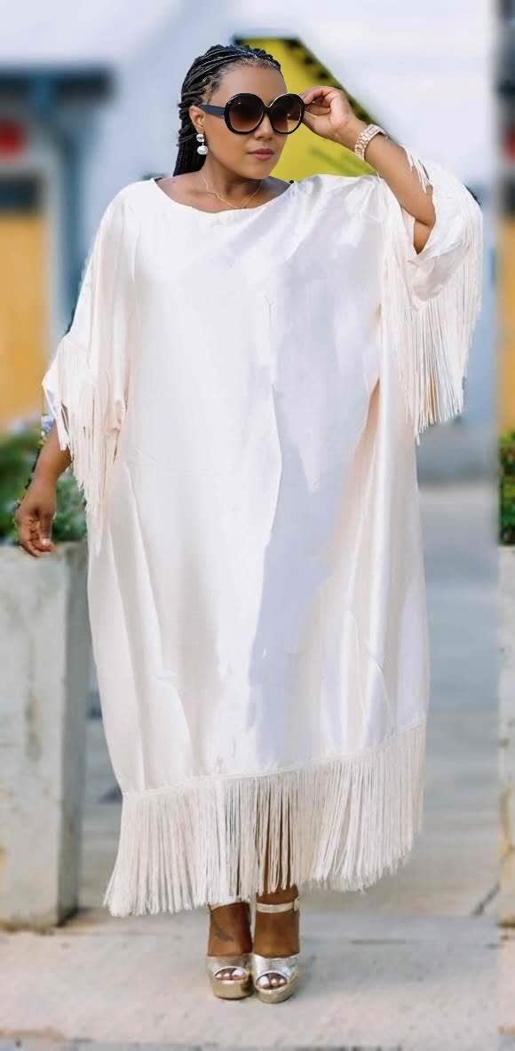 Plus size white fringe maxi dress with loose fit, tassel hem and fringe sleeves