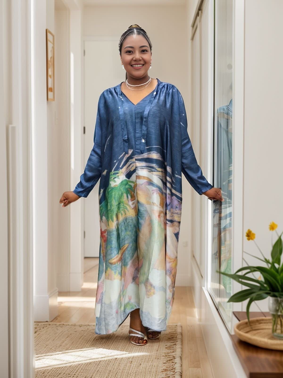 Loose-fitting printed dress with tropical landscape pattern and unique neckline design