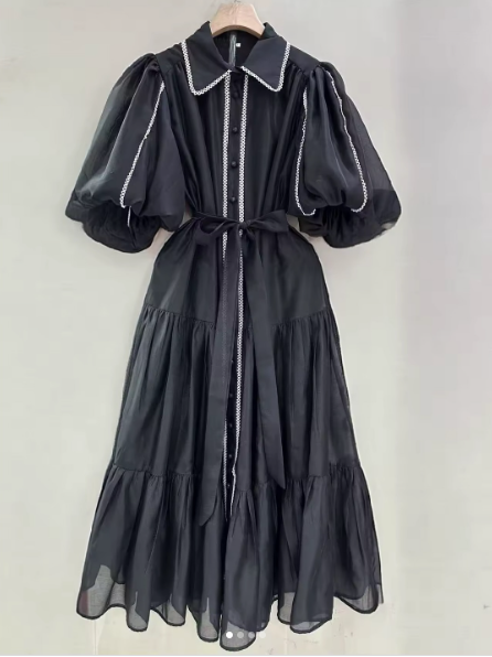 Elegant Puff Sleeve Tiered Dress with White Trim