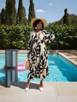 Tropical Printed Long-Sleeve Dress with V-Neck and Waist Tie