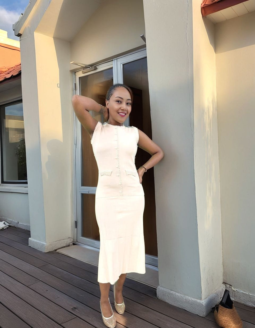 Elegant Women's Knitted Dress - Decorative Buttons