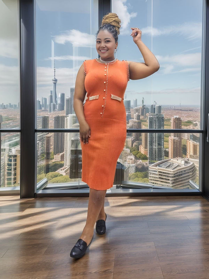 Orange sleeveless knit dress with pearl button detail at neckline and bust, fitted midi