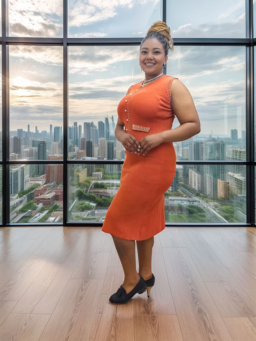 Elegant Women's Knitted Dress - Decorative Buttons