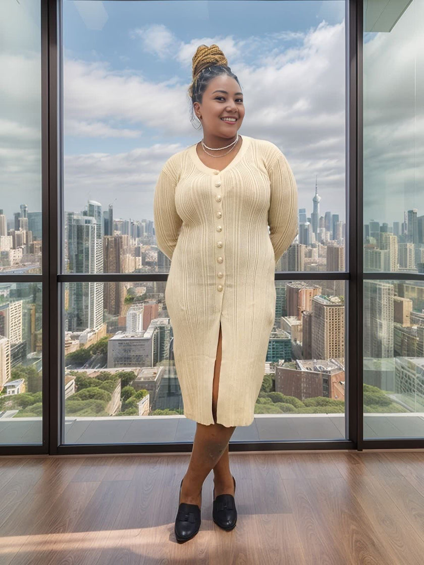 Khaki knit cardigan midi dress with V-neck and long sleeves, button-front and front slit