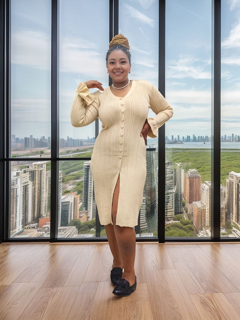 Light khaki knit cardigan midi dress with V-neck, long sleeves, button-front and front slit