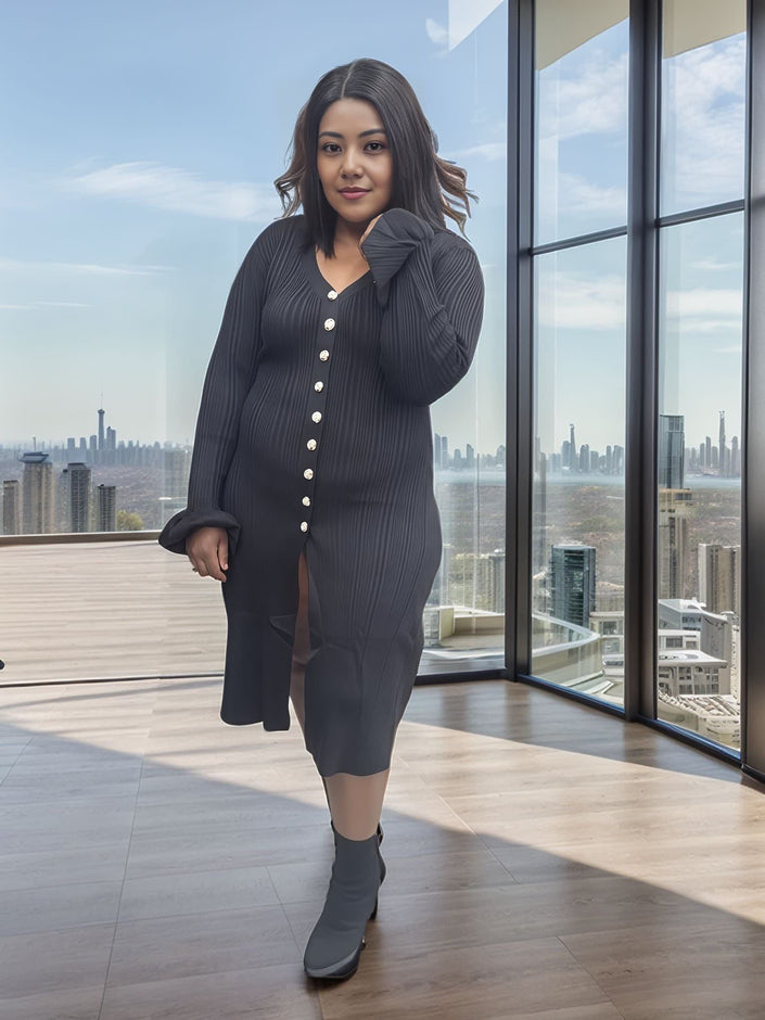 Black knit cardigan midi dress with V-neck, long sleeves, button-front and front slit
