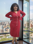 Maroon knit cardigan midi dress with V-neck, long sleeves, button-front and front slit