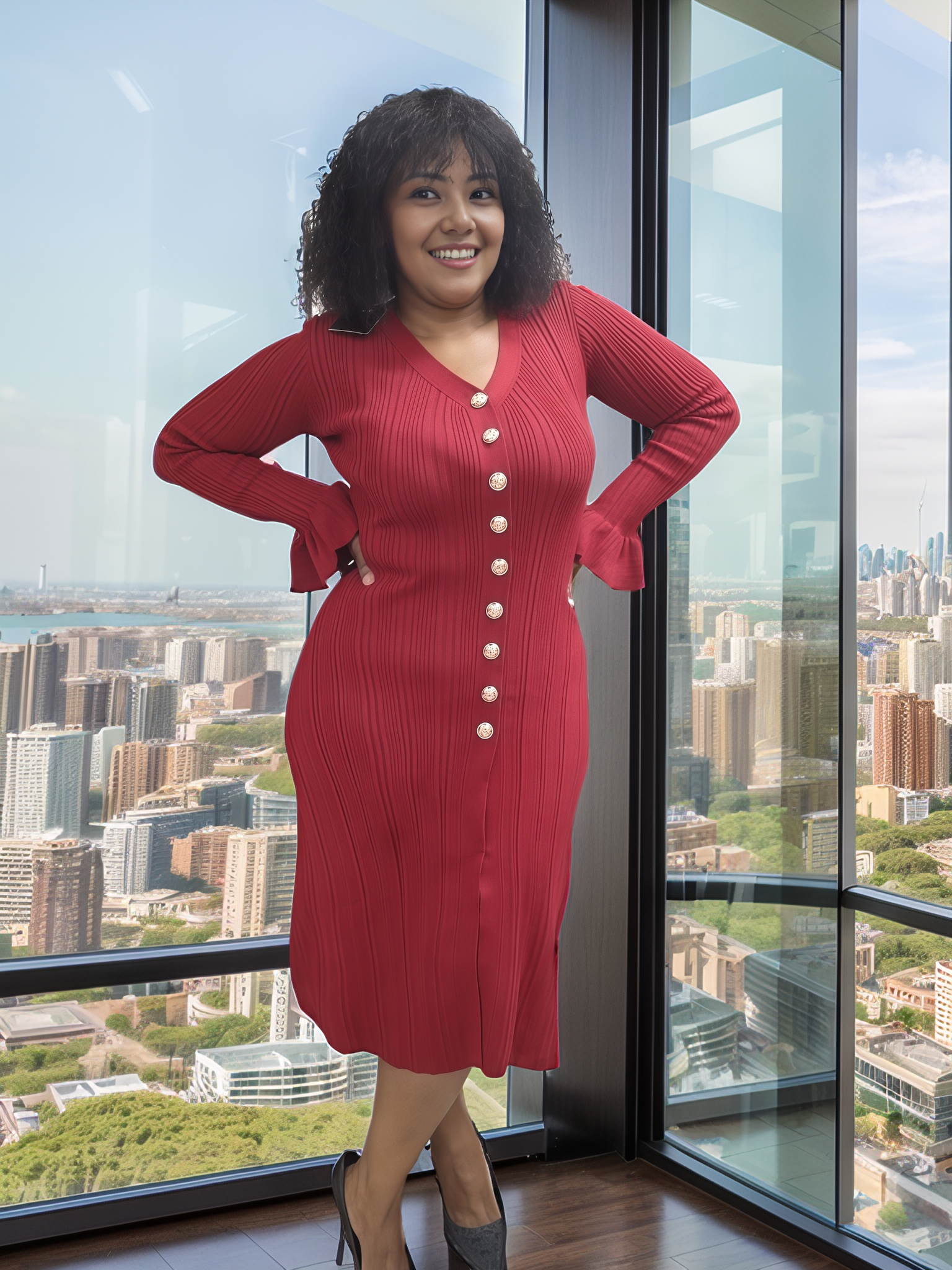Maroon knit cardigan midi dress with V-neck, long sleeves, button-front and front slit