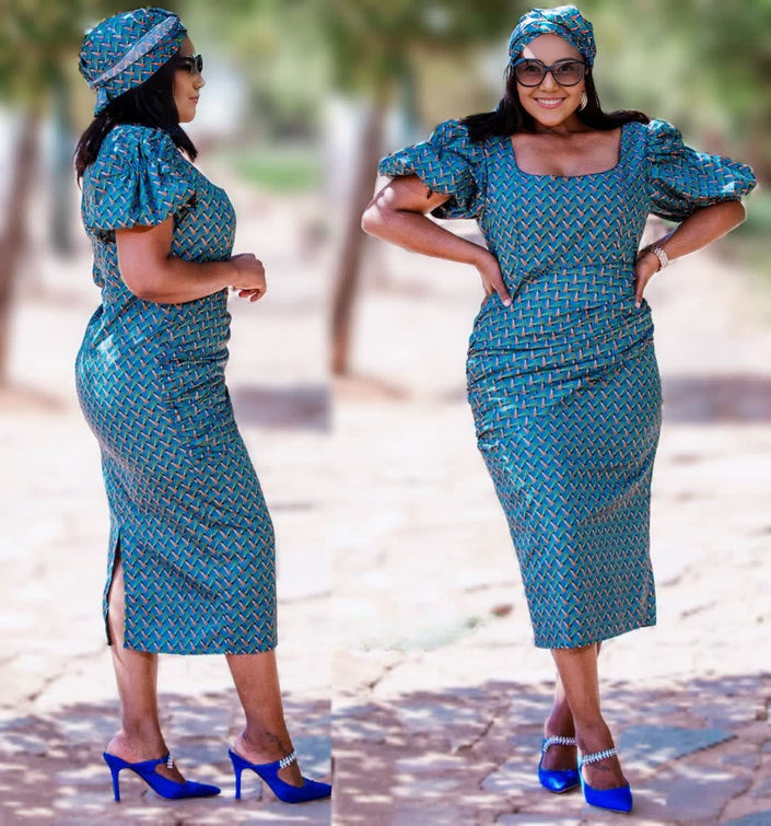 Geometric print midi dress with puff sleeves, square neckline, fitted teal-blue body
