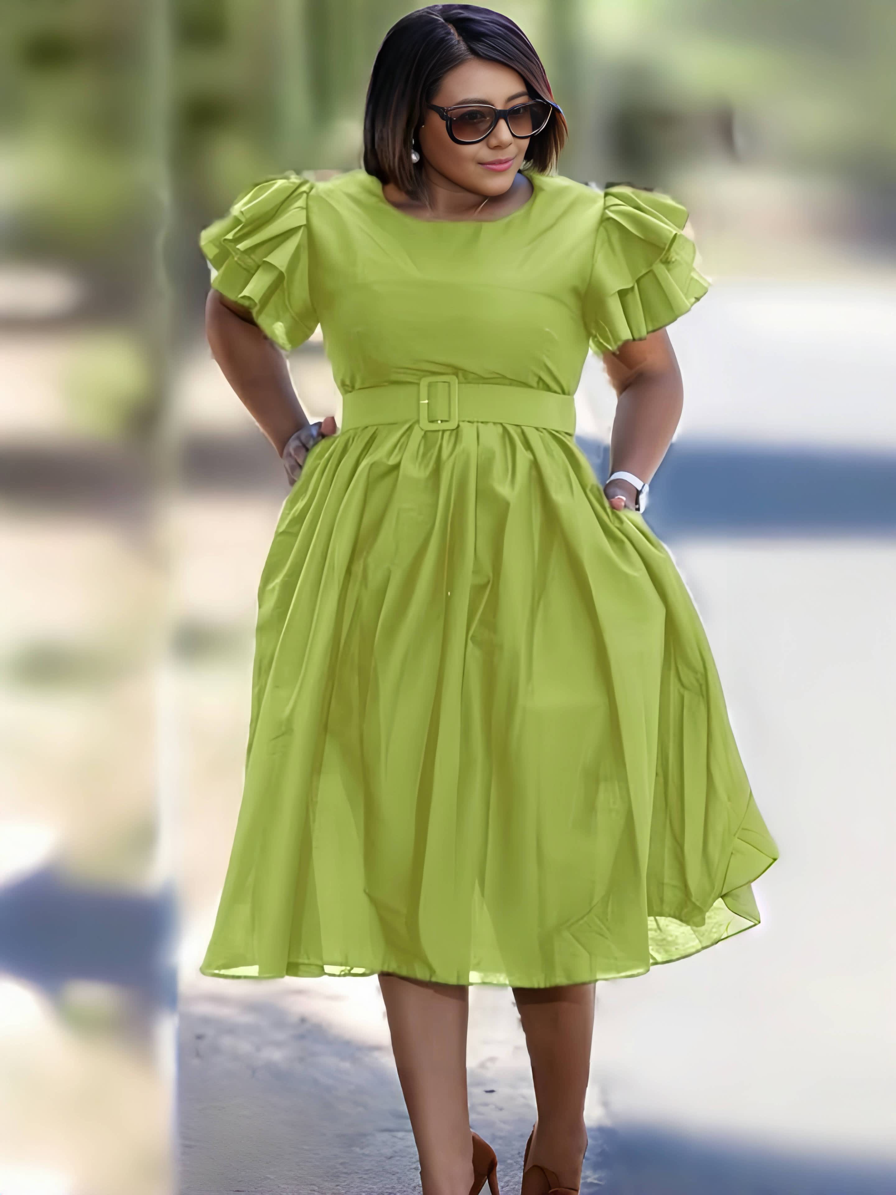 Belted vintage puff sleeve midi dress in lime green, ruffled sleeves and waist belt