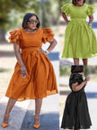 Belted vintage puff sleeve midi dress in rust-orange, gathered skirt and waist belt