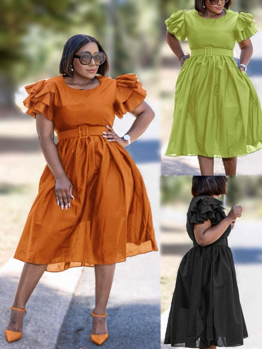Belted vintage puff sleeve midi dress in rust-orange, gathered skirt and waist belt