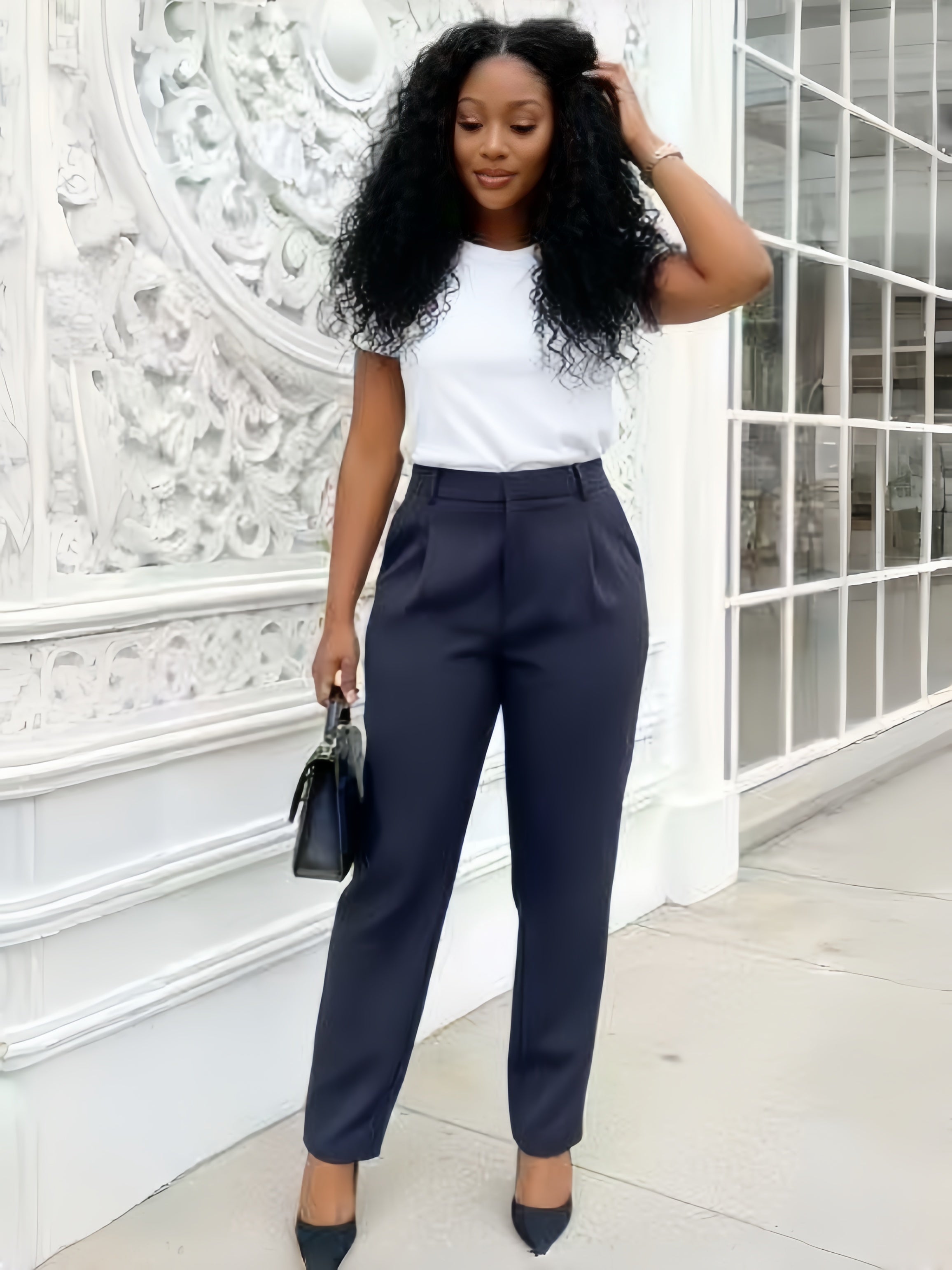 High-waist tailored navy pants, slim straight leg, ankle length