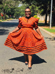 Midi Ethnic Dress Puff Sleeve Geometric Circle Print Church Ceremony Outfit
