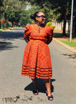 Midi Ethnic Dress Puff Sleeve Geometric Circle Print Church Ceremony Outfit