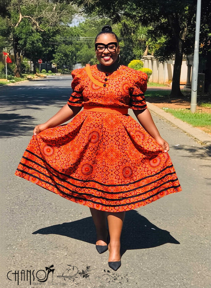 Midi Ethnic Dress Puff Sleeve Geometric Circle Print Church Ceremony Outfit