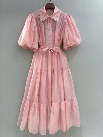 Elegant Puff Sleeve Tiered Dress with White Trim