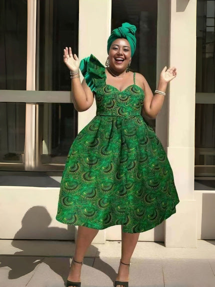 Green one-shoulder midi dress with ruffle bodice and patterned fabric
