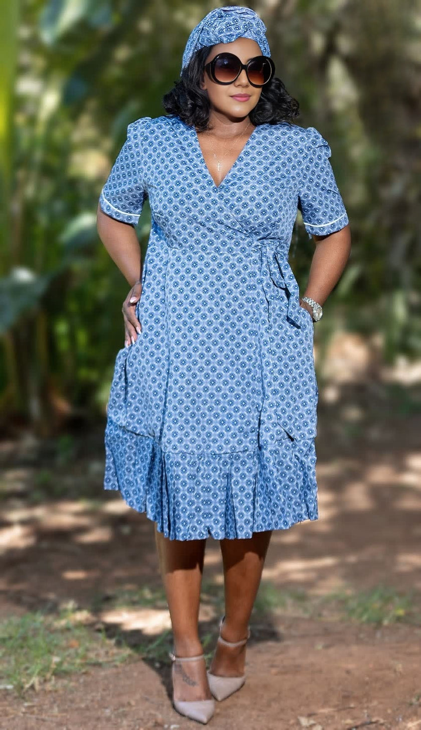 Ethnic Wrap Dress with Geometric Patterns and Ruffle Design