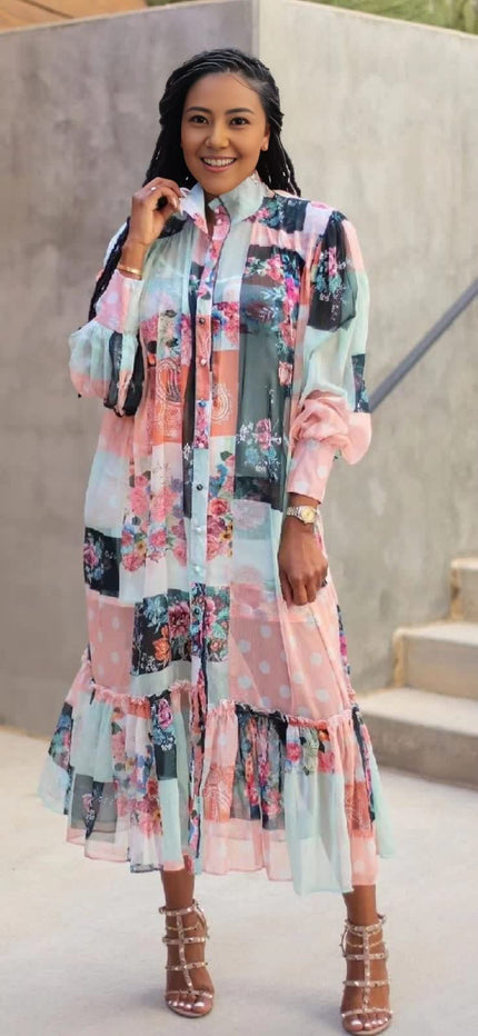 Floral ruffle midi dress with long sleeves, pink button front, tiered skirt