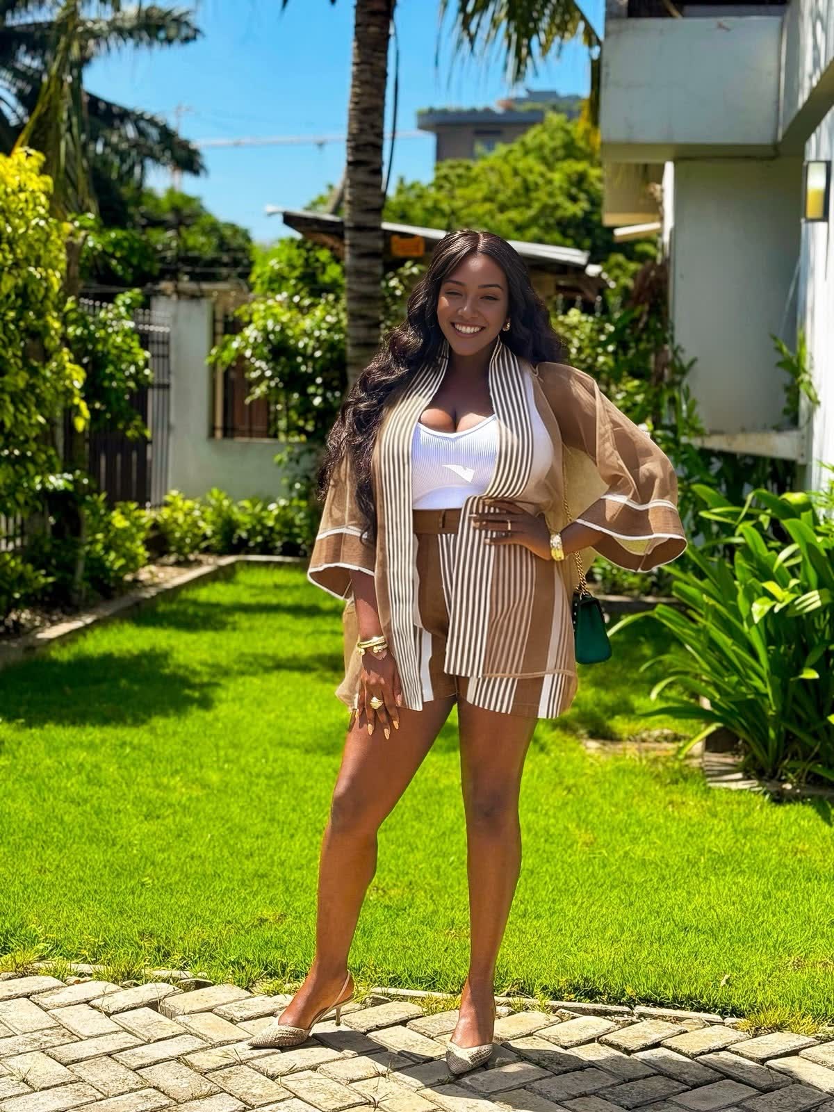 Brown striped sheer shorts set with a loose, open-front top and wide sleeves