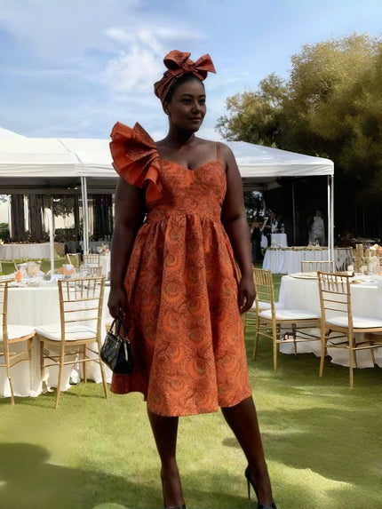 Orange one-shoulder midi dress with bow straps and patterned fabric