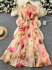 Women's peach floral print belted long sleeve maxi shirt dress - view 2
