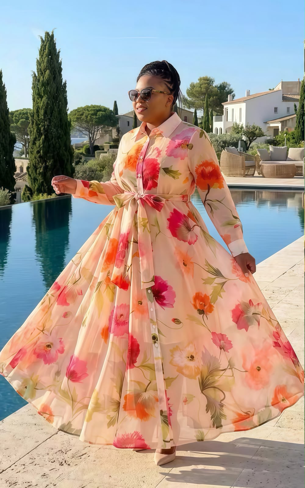 Women's peach floral print belted long sleeve maxi shirt dress - view 1
