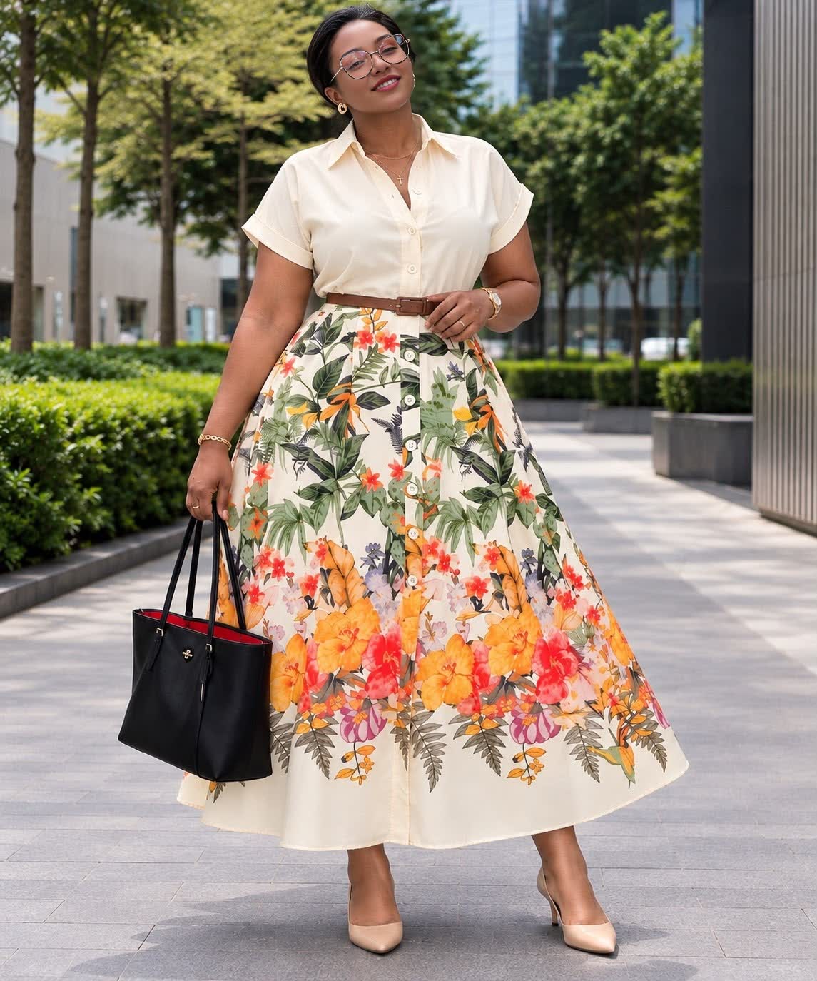 Front view of a cream floral midi shirt dress with button front, short sleeves, and a dark belt.