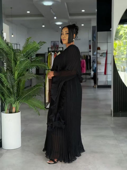 Black one-shoulder ruffle pleated maxi dress with long flounce sleeve